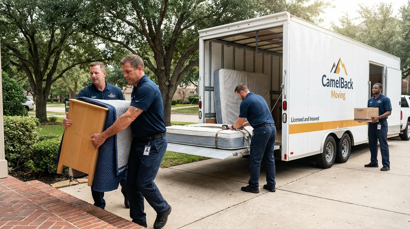 Crew loading residential truck for cross-state move from Whitney, TX