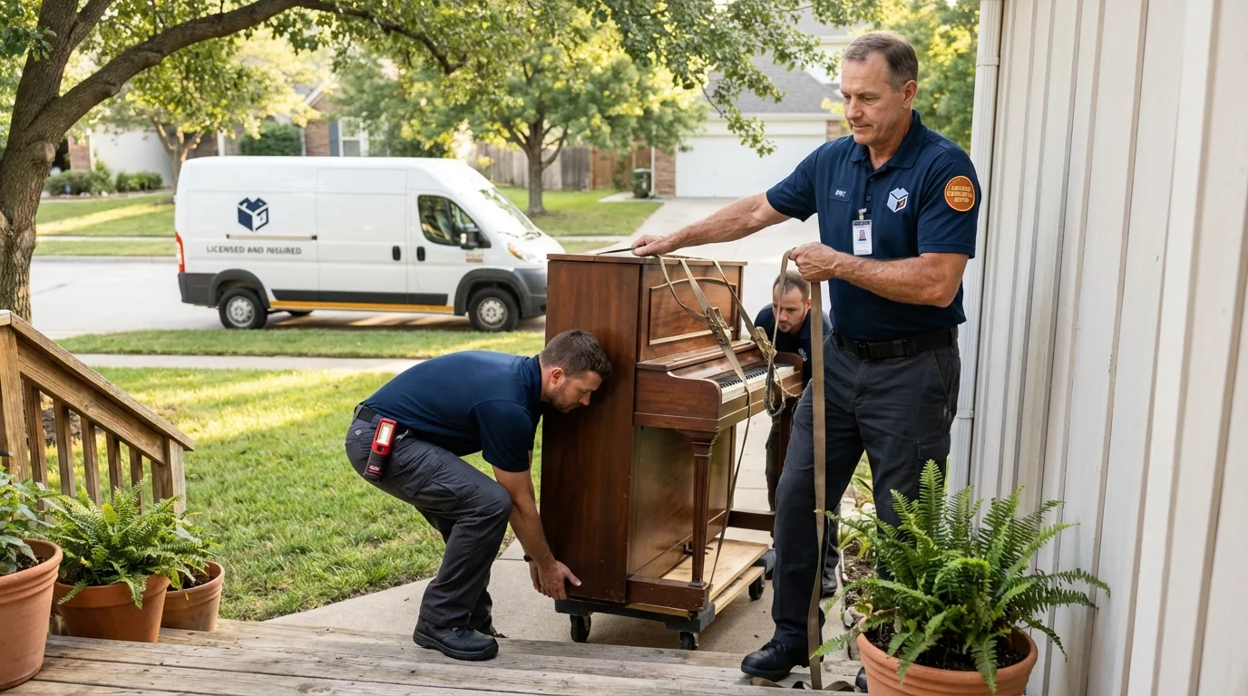 Licensed piano movers securing grand piano in Whitney, TX