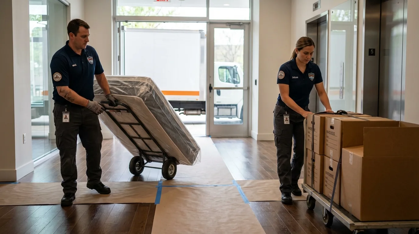 Professional apartment movers loading elevator in Whitney, TX